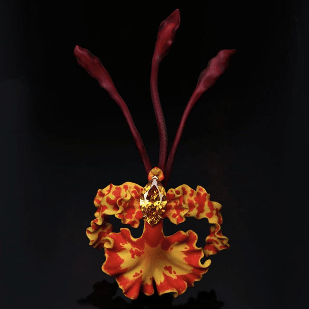 Emmanuel Tarpin, Broche "Orchidée Psychopsis Tiger" en or jaune laqué et diamant marquise fancy orangé-jaune de 2,20 carats, Photo DR