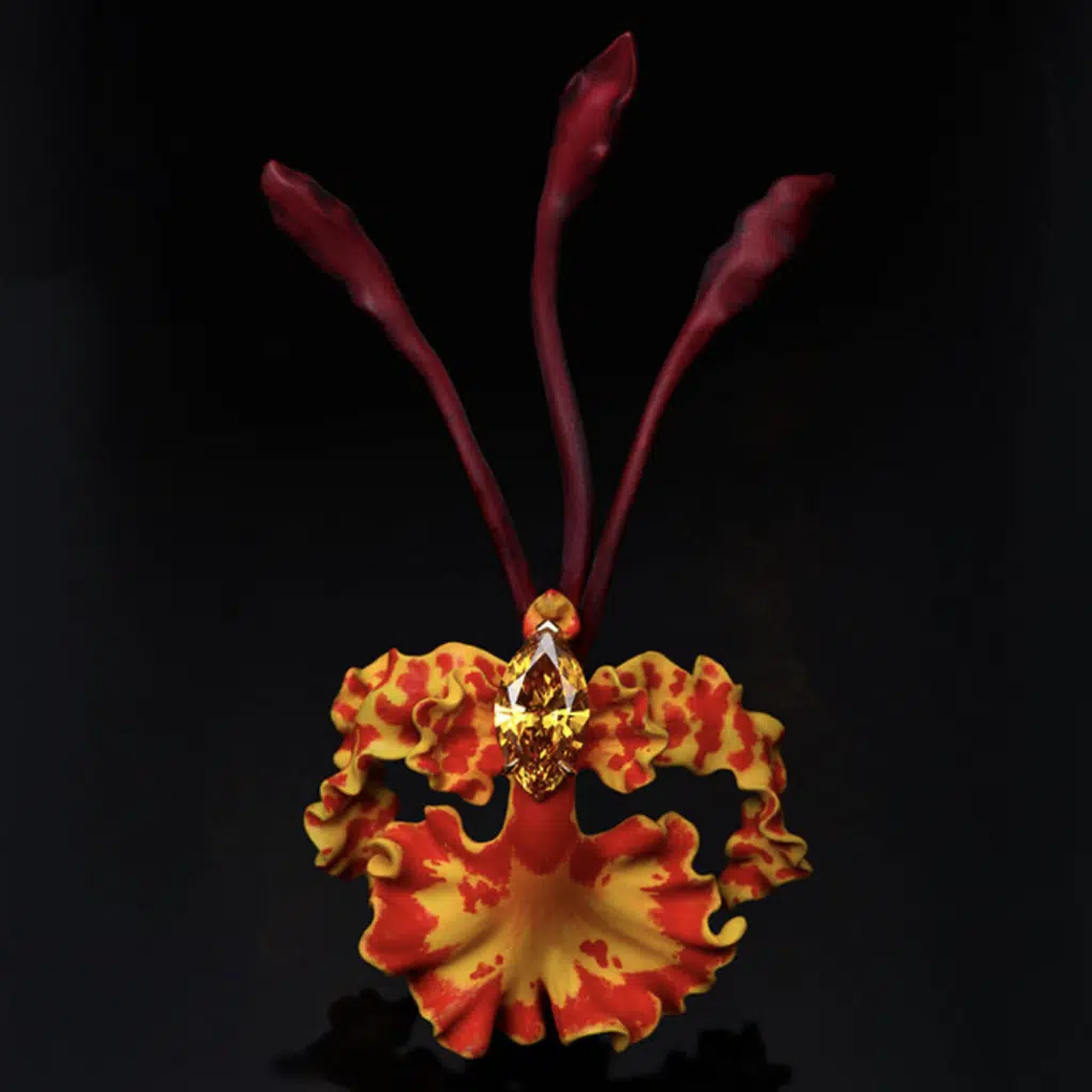 Emmanuel Tarpin, Broche "Orchidée Psychopsis Tiger" en or jaune laqué et diamant marquise fancy orangé-jaune de 2,20 carats, Photo DR